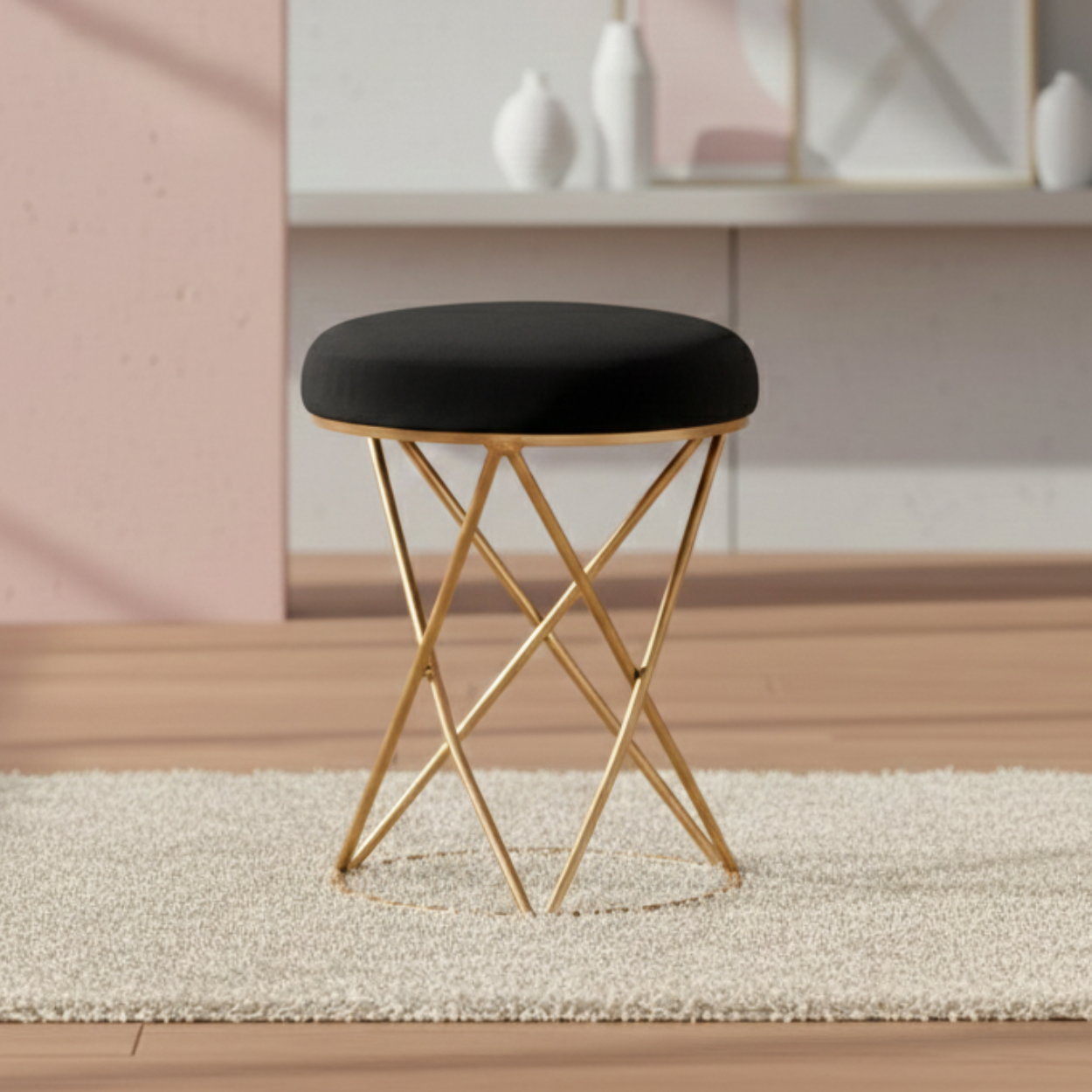 Velvet Cross Metallic Stool in Black