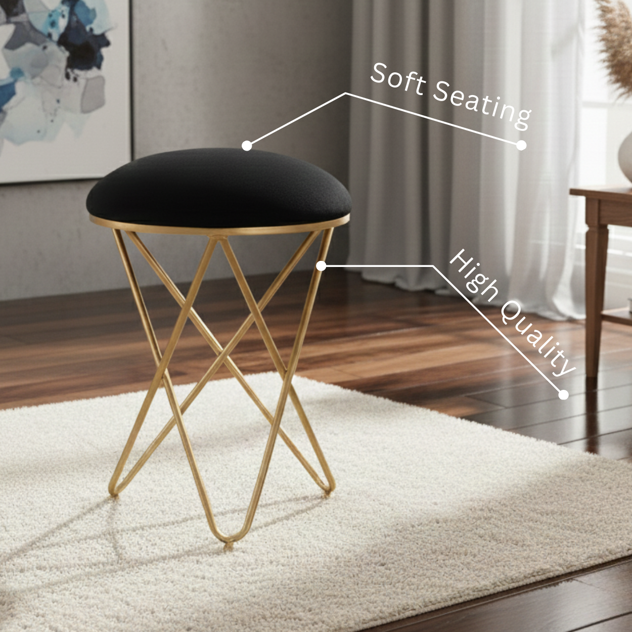Velvet Cross Metallic Stool in Black