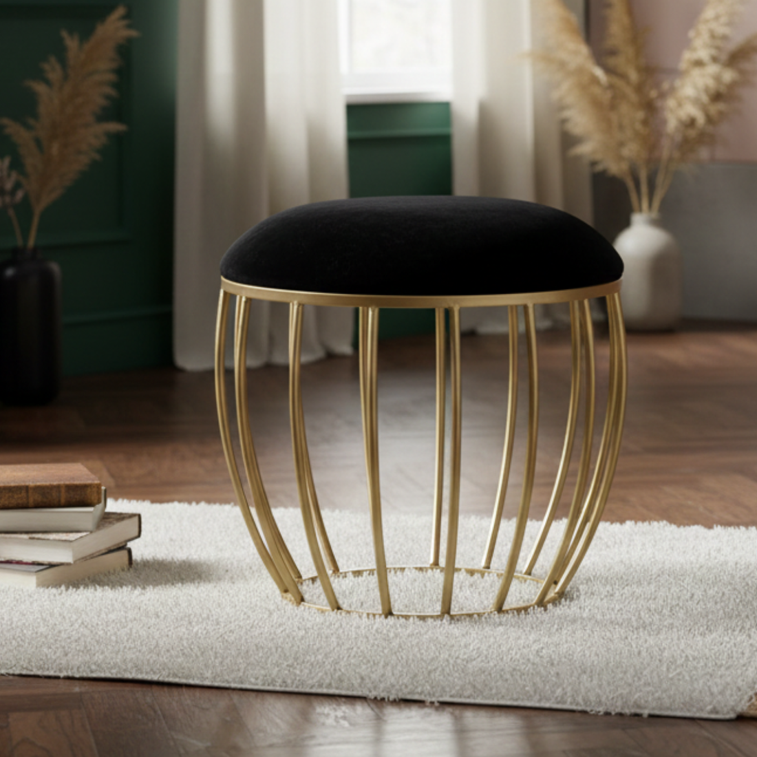 Classic Velvet Cage Metallic Stool in Black