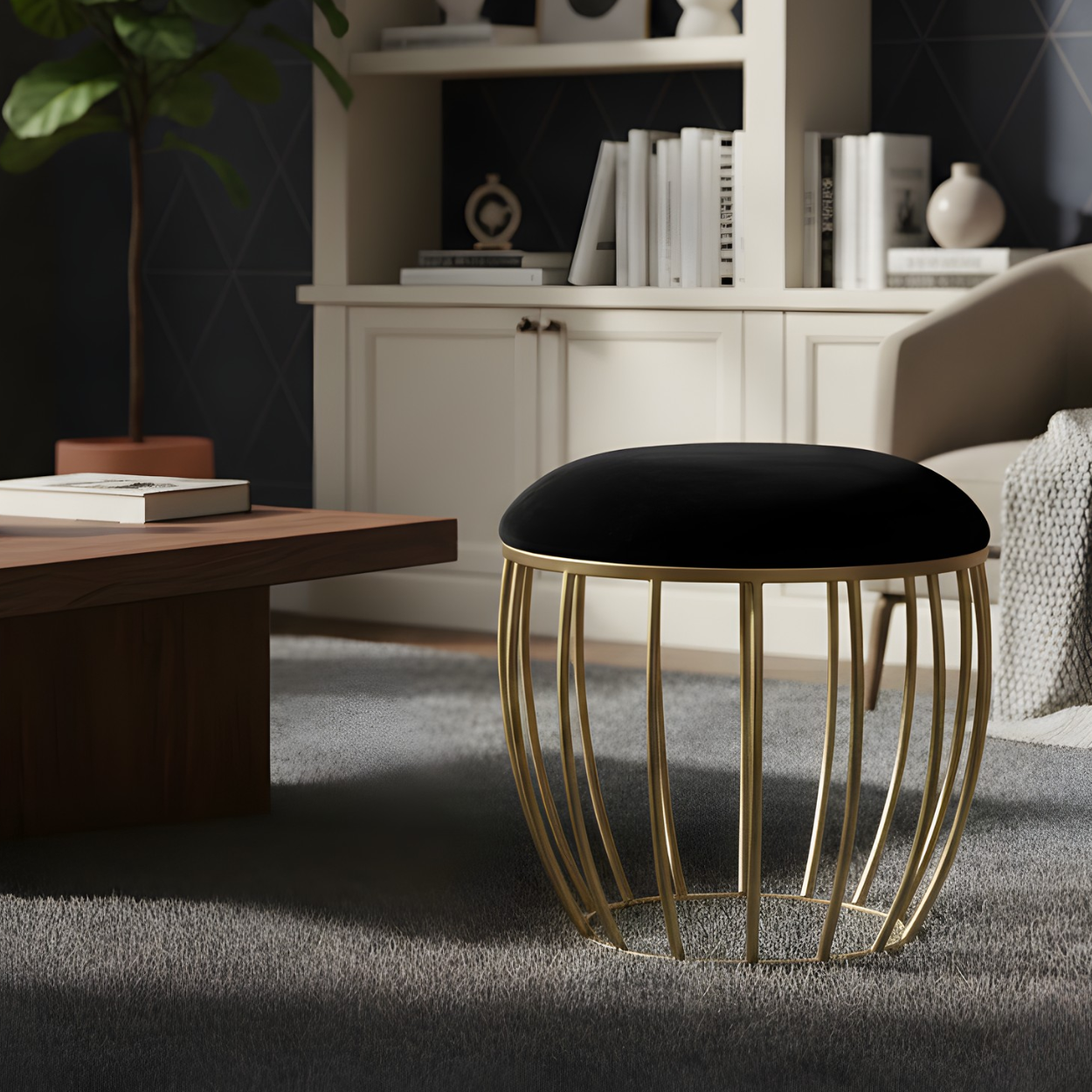 Classic Velvet Cage Metallic Stool in Black
